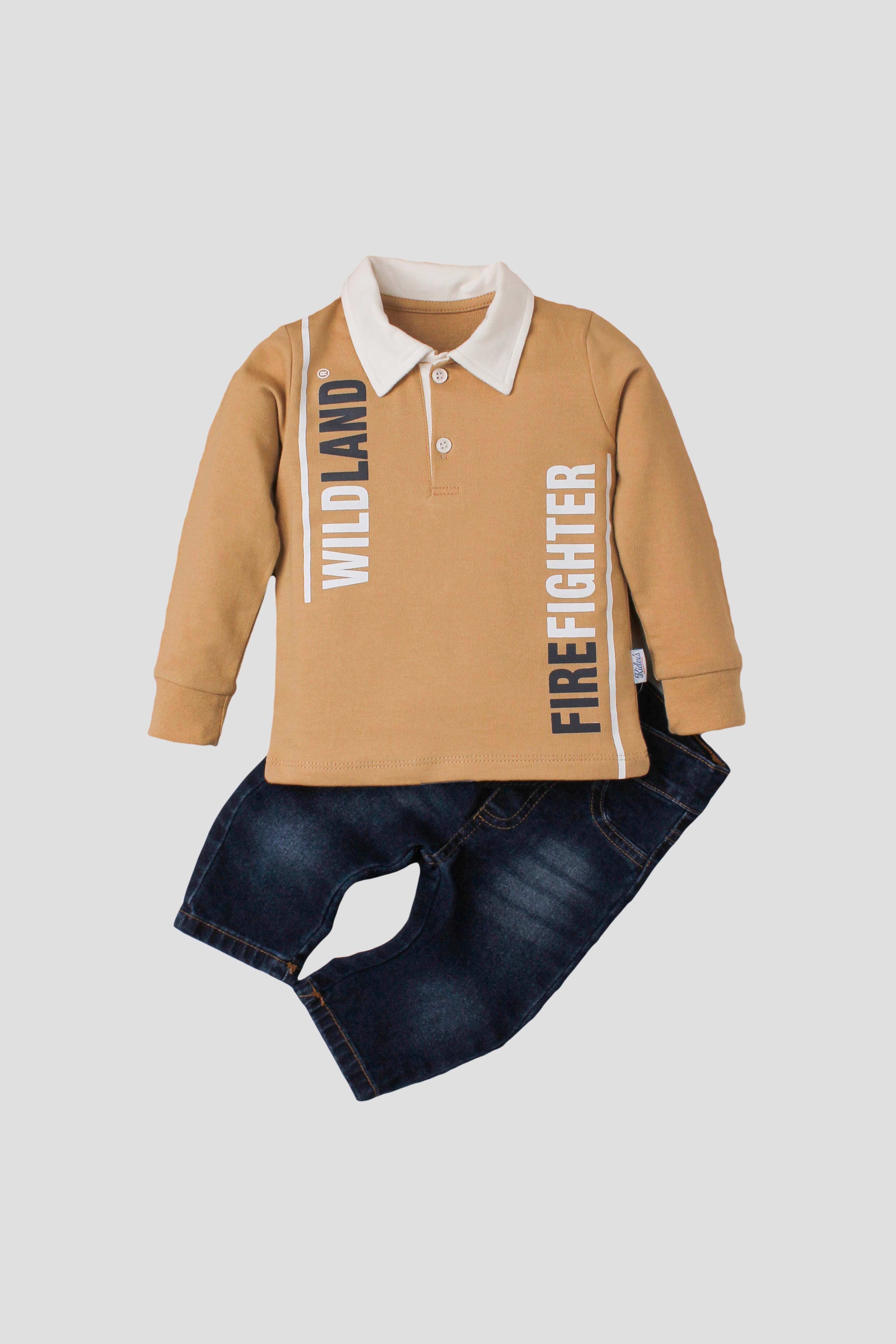 Erkek Bebek Polo Yaka Wildland Firefighter Baskılı Kot Pantolonlu 2'li Takım 9 24 Ay